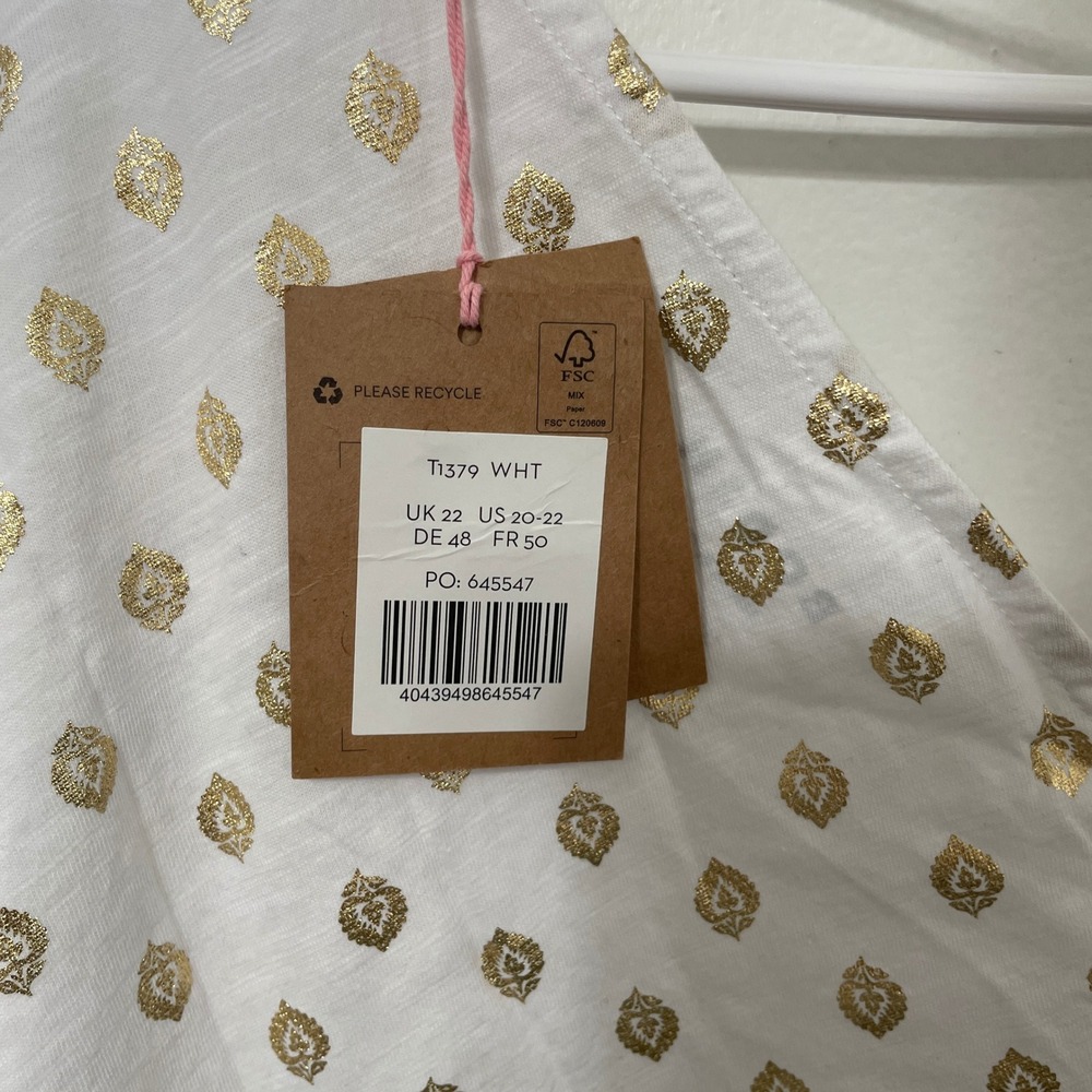 Boden White Gold Metallic Foil Print Tie Back Top Slub US 20-22 NWT - Picture 5 of 7